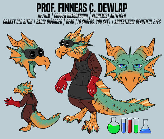Character reference sheet for Professor Dewlap
