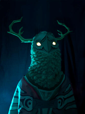 Shoulders-up photo of Ragsy's cosplay of the Owlk from Outer Wilds.